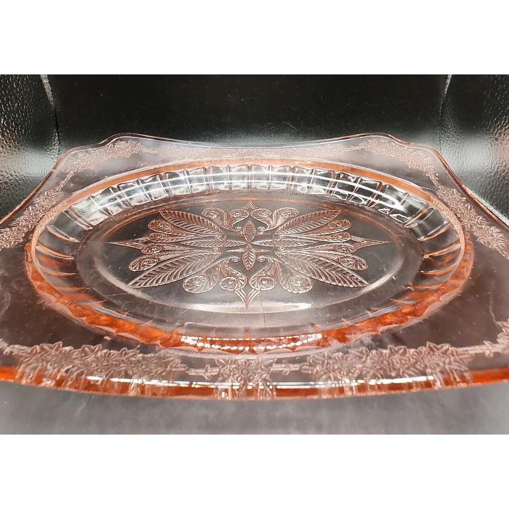 Vintage Jeanette Pink Depression Glass Curved Platter Adam Pattern 11.75